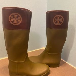 Unboxed, Tory Burch color block pattern rubber rain boots, knee high, size 11B